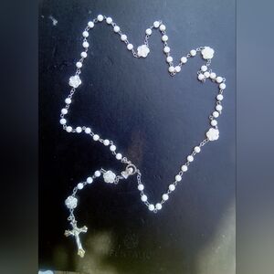 Elegant White With Flower Beaded Rosary Necklaces